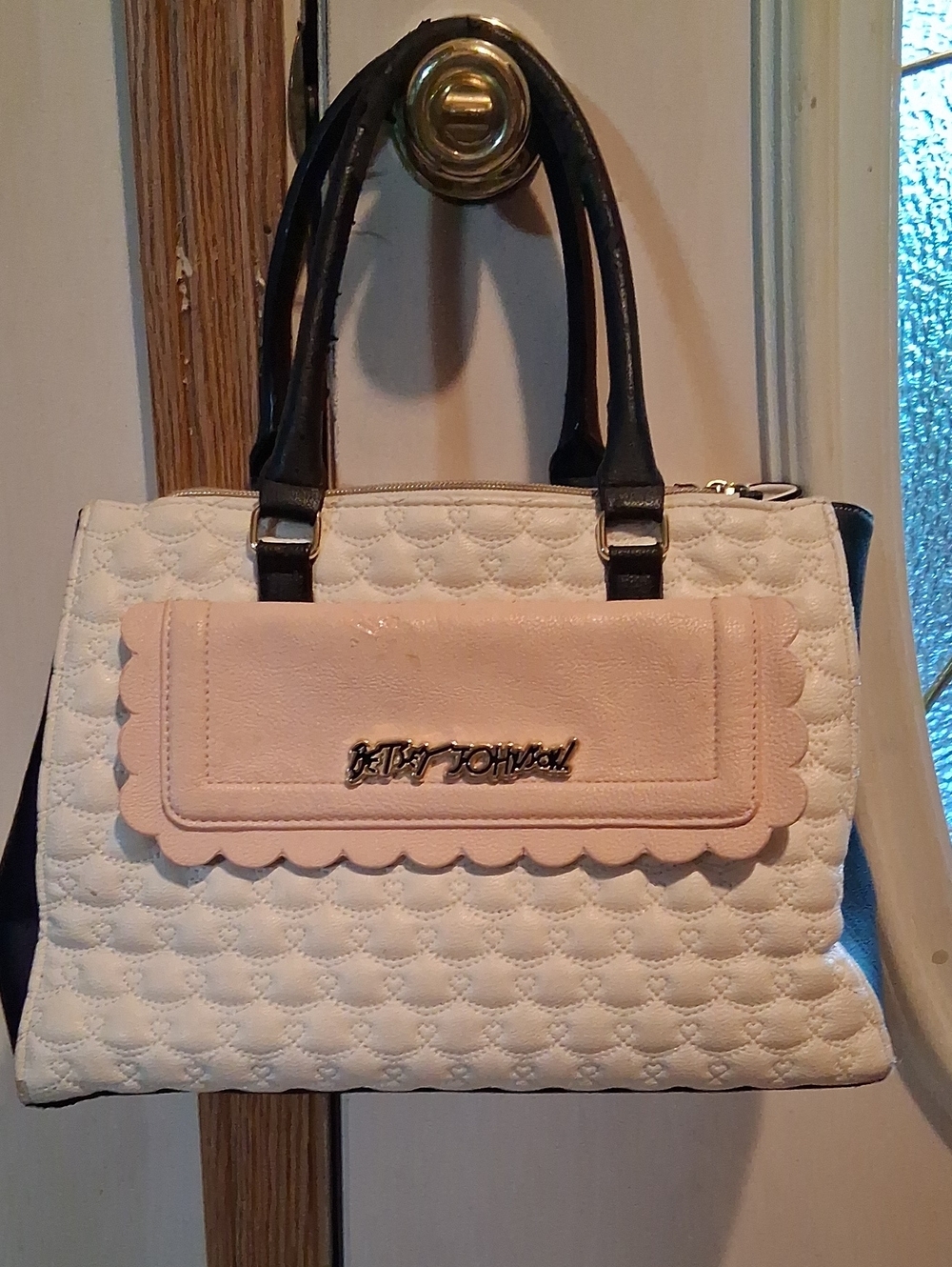 Betsey Johnson White Quilted Satchel with Blush Scallop Flap and Black Handles